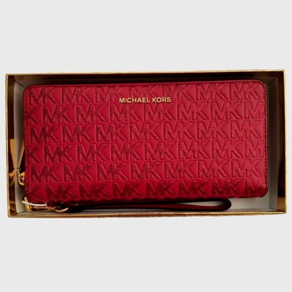 Michael Kors Crimson Glitter Large Logo Continental Wristlet Wallet - Picture 1 of 7